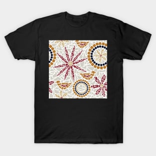 Mosaic Art - Birds and Flowers - Burgandy Beige Rust Patten T-Shirt